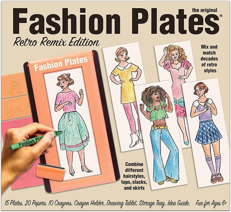 image:imageFashion Plates Classic Girls Fashion MixandMatch Drawing Kit Arts and Crafts Coloring Art Supplies Craft Supplies Stencils Crayons Included Create Your Own Fashion Designs Ages 6Retro