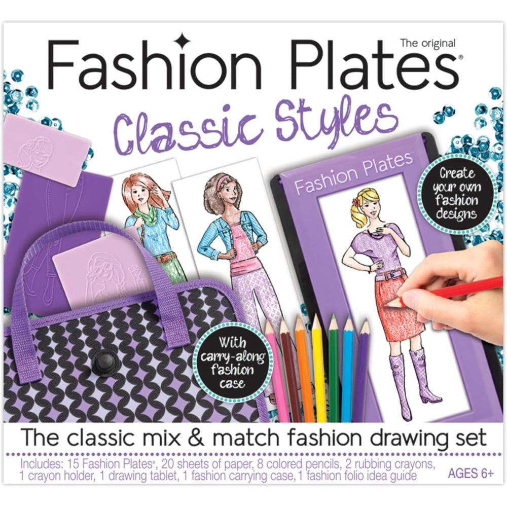 image:imageFashion Plates Classic Girls Fashion MixandMatch Drawing Kit Arts and Crafts Coloring Art Supplies Craft Supplies Stencils Crayons Included Create Your Own Fashion Designs Ages 6Classic