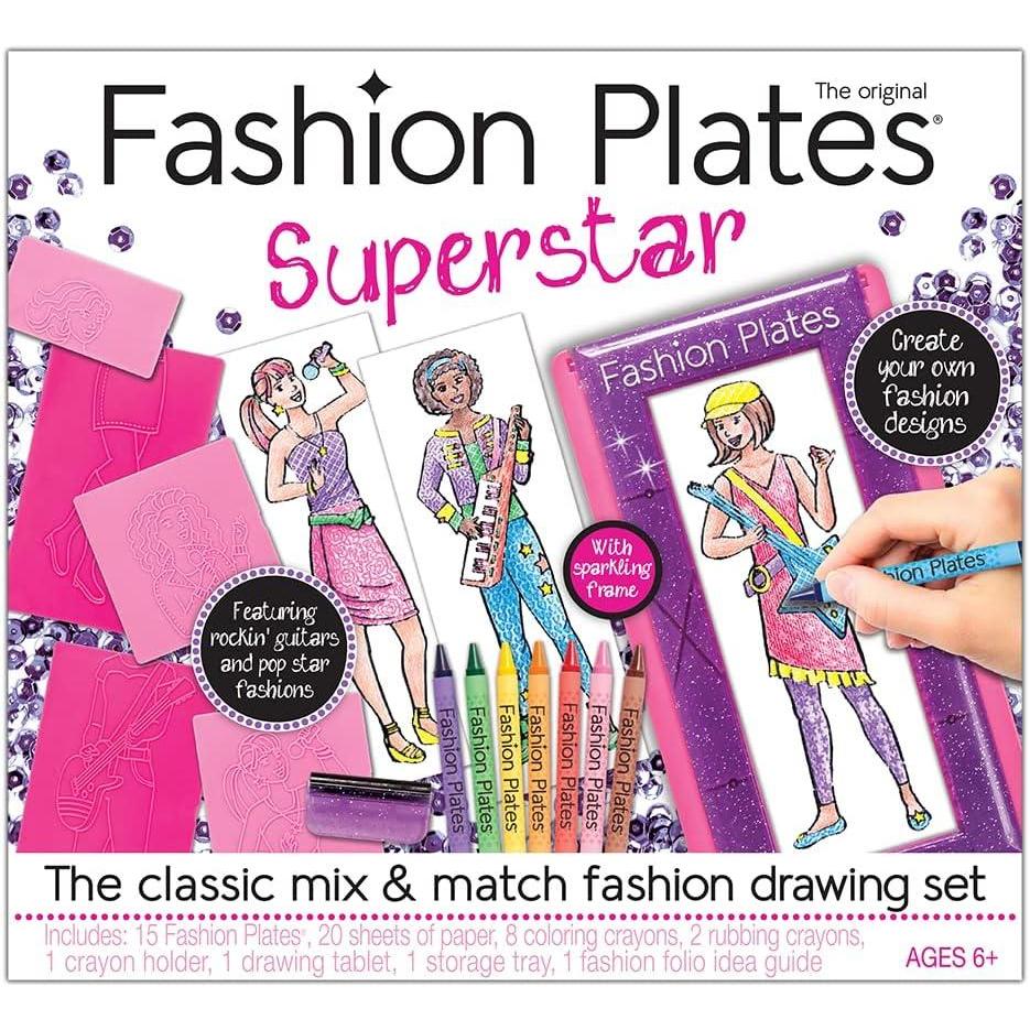 image:imageFashion Plates Classic Girls Fashion MixandMatch Drawing Kit Arts and Crafts Coloring Art Supplies Craft Supplies Stencils Crayons Included Create Your Own Fashion Designs Ages 6Superstar