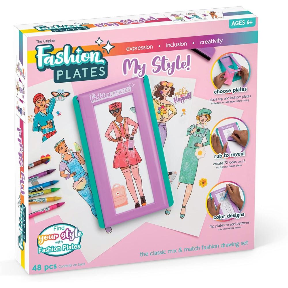 image:imageFashion Plates Classic Girls Fashion MixandMatch Drawing Kit Arts and Crafts Coloring Art Supplies Craft Supplies Stencils Crayons Included Create Your Own Fashion Designs Ages 6My Style